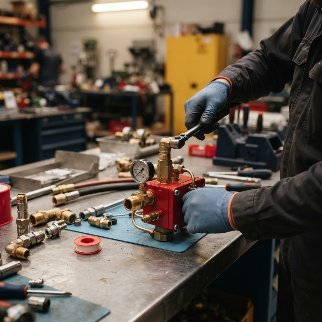 Hands assembling fire suppression equipment in the ExxFire workshop