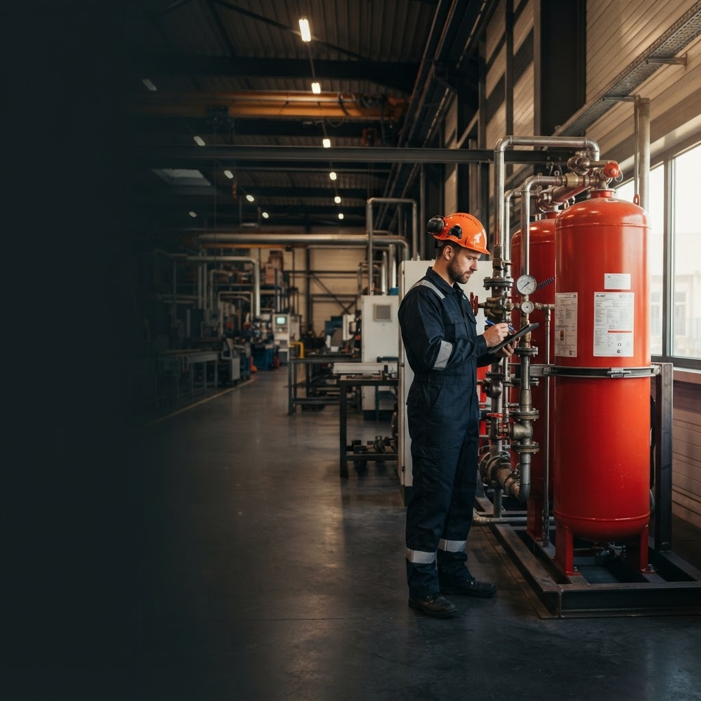 Technician inspecting fire suppression equipment inside an industrial facility